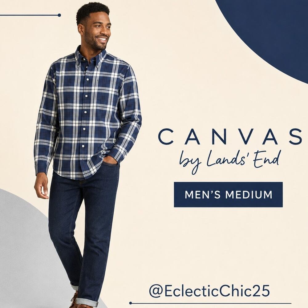 Canvas by Lands’ End Men’s M Navy Plaid Cotton Button-Up Shirt Long Sleeve